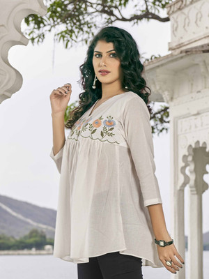 MKFASHION Women Embroidered A-line Kurta(White)