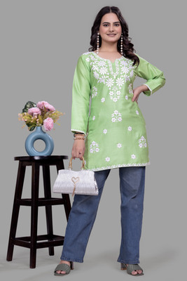 shivshakti faishon Women Chikan Embroidery A-line Kurta(Green)