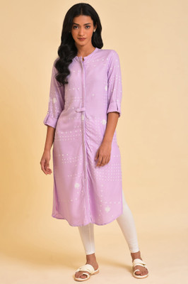 W Women Printed Straight Kurta(Purple, White)