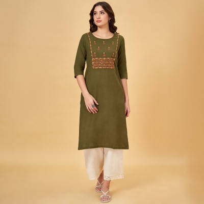 Rangmanch by Pantaloons Women Embroidered Straight Kurta(Green)