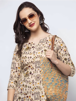 Kaveri creations Women Printed Straight Kurta(Beige, Black, Yellow)