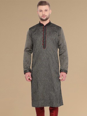 Sanwara Men Woven Design Straight Kurta(Black)