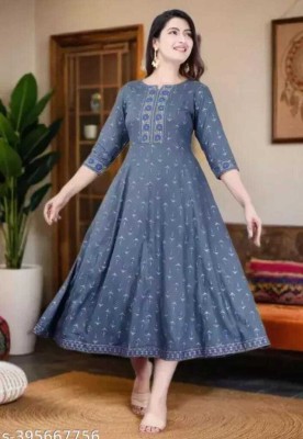 aaliya fashion Women Printed Anarkali Kurta(Grey, Blue)