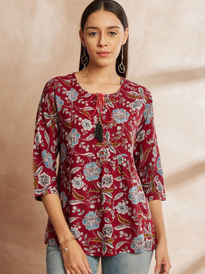 all about you Women Printed Cape Top Kurta(Maroon)