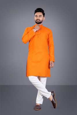 SPOQUE Men Solid Straight Kurta(Orange)
