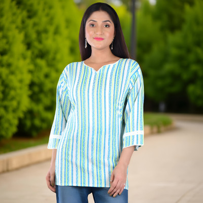 beingbeauty Women Striped, Printed Tunic Kurta(Light Green)