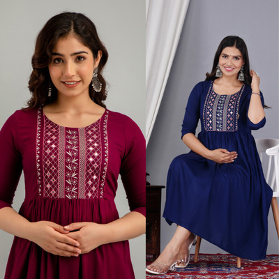 Priyas Creation Women Solid, Embellished Anarkali Kurta(Maroon)
