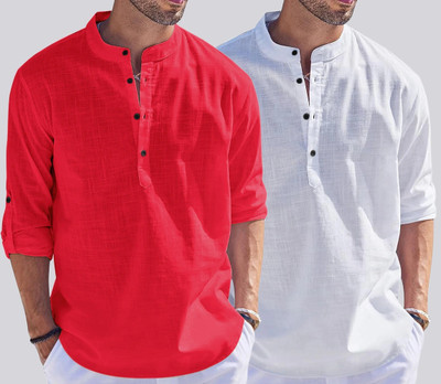 ZARTHA Men Solid Straight Kurta(Red, White)