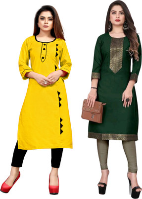 AAIKHODAL Women Applique Straight Kurta(Yellow, Green)