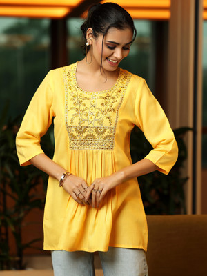 LIBAS Women Embroidered A-line Kurta(Yellow)