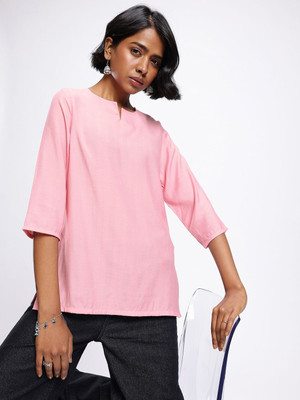 Anouk Rustic Women Solid Straight Kurta(Pink)