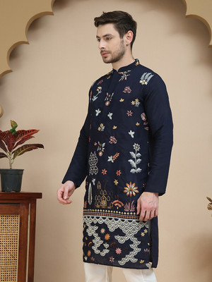 Jompers Men Embroidered Straight Kurta(Blue)