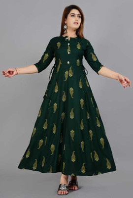 angrakhi Women Printed Flared Kurta(Green)