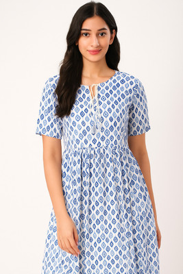 Subhla Art Women Printed, Abstract Anarkali Kurta(Blue, White)