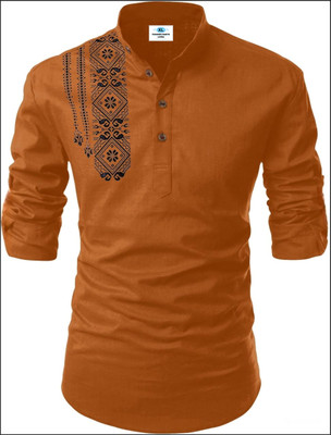 Fashion Marts Men Solid, Self Design Straight Kurta(Brown)
