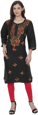 Mrs Right Women Chikan Embroidery A-line Kurta(Black)