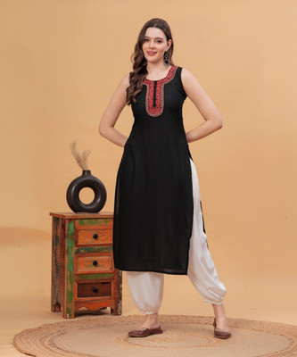 NYPA Women Embroidered Straight Kurta(Black)