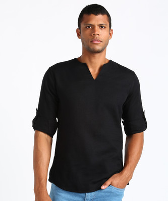 The Indian Garage Co. Men Self Design Straight Kurta(Black)