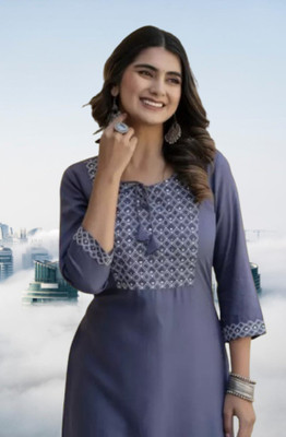 Anitagoft Women Embroidered Straight Kurta(Grey)