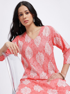 Anouk Rustic Women Printed Straight Kurta(Pink)