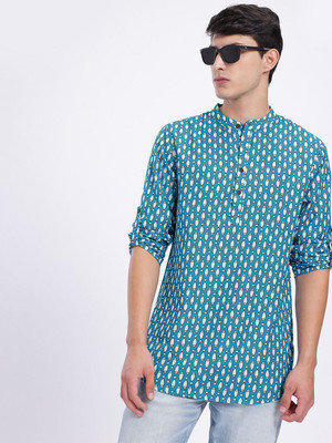 Anouk Rustic Men Printed Straight Kurta(Blue)