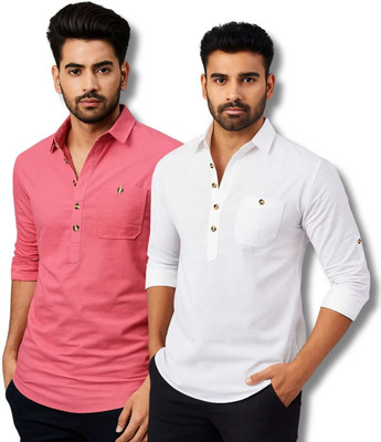 RAREMARK Men Solid Straight Kurta(Pink, White)