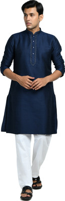 Ethnitia Men Self Design Straight Kurta(Blue)