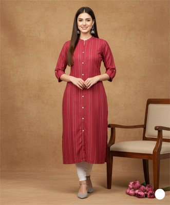 shhop Women Striped Frontslit Kurta(Dark Blue)