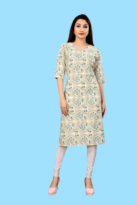 Tulsii Fab Women Animal Print Straight Kurta(White)