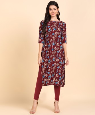 HIVA TRENDZ Women Floral Print Straight Kurta(Maroon)