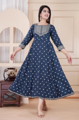 VASTRAKUL Women Printed Anarkali Kurta(Dark Blue)