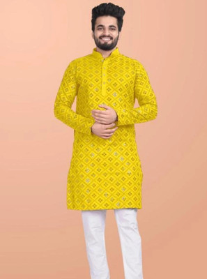 kingenterprise Men Self Design Straight Kurta(Yellow)