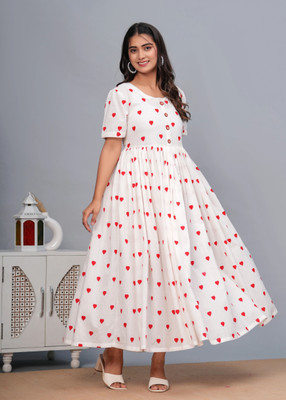 NUPITAL Women Printed Anarkali Kurta(White, Red)