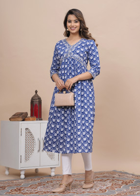 Light Daisy Women Printed A-line Kurta(Blue)