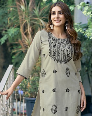 Skylee Women Chikan Embroidery, Embellished, Dyed/Ombre, Self Design Straight Kurta(Beige, Black)