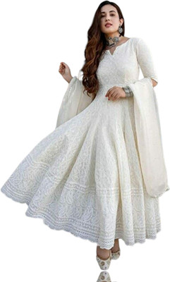 Pooravi Fashion Women Chikan Embroidery Anarkali Kurta(White)