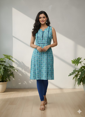 Yash Gallery Women Printed Straight Kurta(Blue)