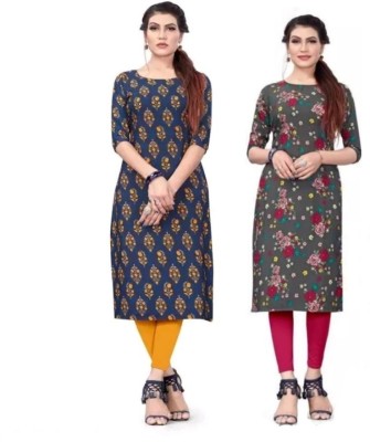 YUVI SOLANKI Women Printed A-line Kurta(Blue, Grey)