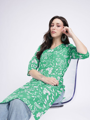 Anouk Rustic Women Floral Print Straight Kurta(Green, White)