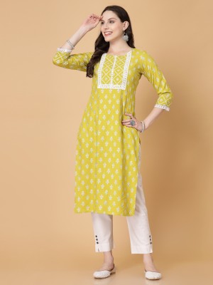 God Bless Women Printed Straight Kurta(Yellow)