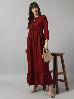 Jash Creation Women Fit and Flare Maroon Midi/Calf Length Dress