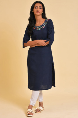 W Women Self Design Straight Kurta(Dark Blue)