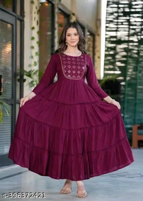 NUGNUG Women Embroidered Flared Kurta(Maroon)