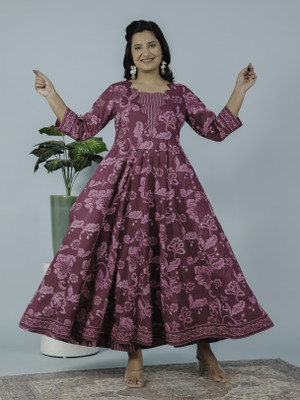 Aramya Women Floral Print Flared Kurta(Purple)