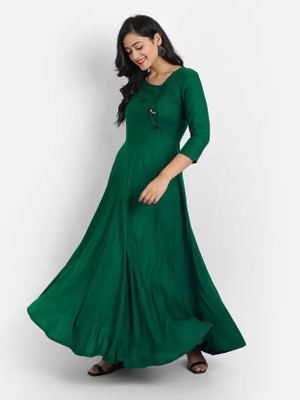 Puebell Women Solid Flared Kurta(Dark Green)