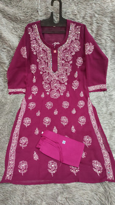 Neelam Chikan Women Chikan Embroidery Straight Kurta(Purple)