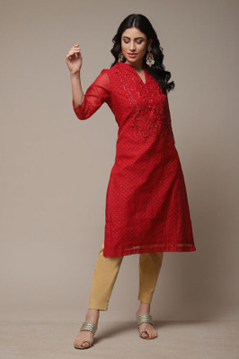 BIBA Women Printed Straight Kurta(Red)