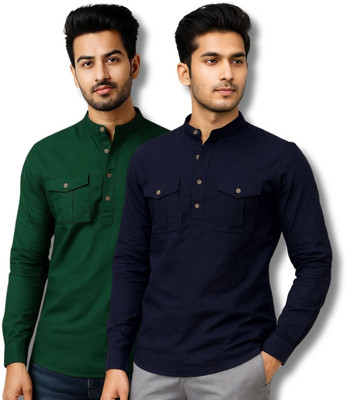 EchoWear Men Solid Straight Kurta(Green, Dark Blue)
