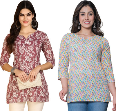 I N ENTERPRISES Women Floral Print Straight Kurta(Multicolor, Brown)