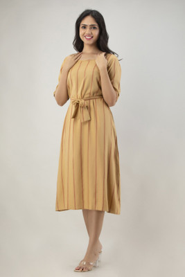 DMP EXPORT Women Striped Flared Kurta(Beige)